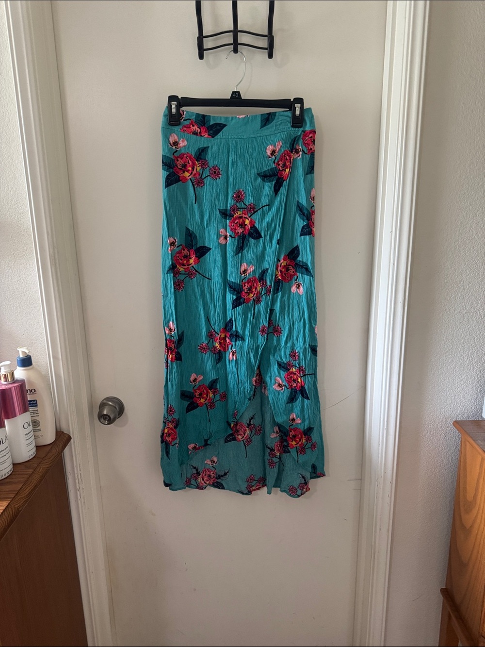 Express Teal Floral Maxi Skirt with Pink and Red Blooms Size XS